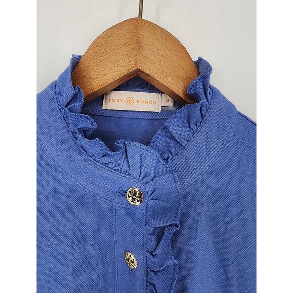 Tory Burch Blue Lydia Ruffle Polo Shirt Women's Size Medium - Picture 4 of 8